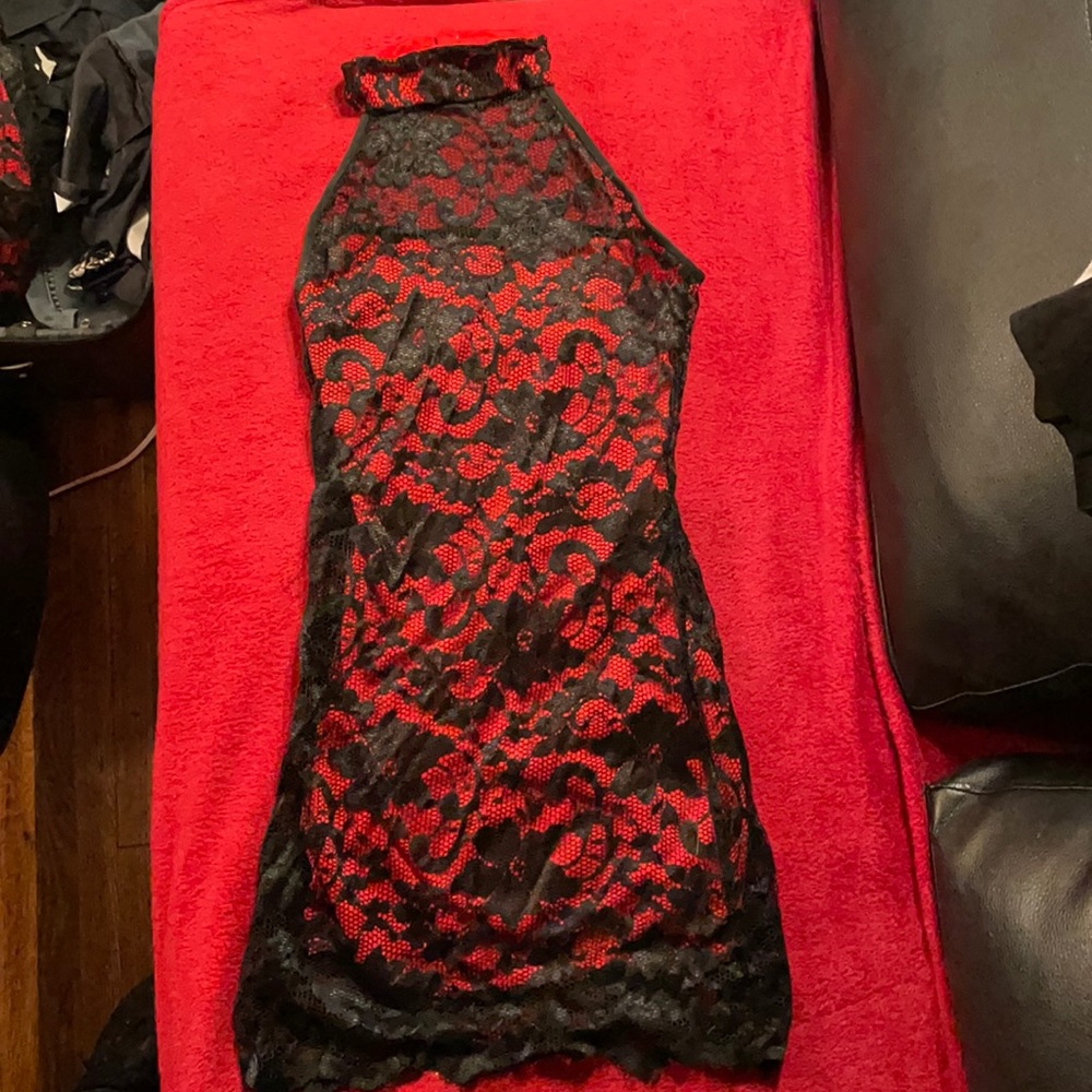 Ladies red & black lace halter mini dress
